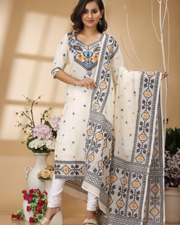 Four Leaf Crem Black Unstitched Jamdani Kurti Set