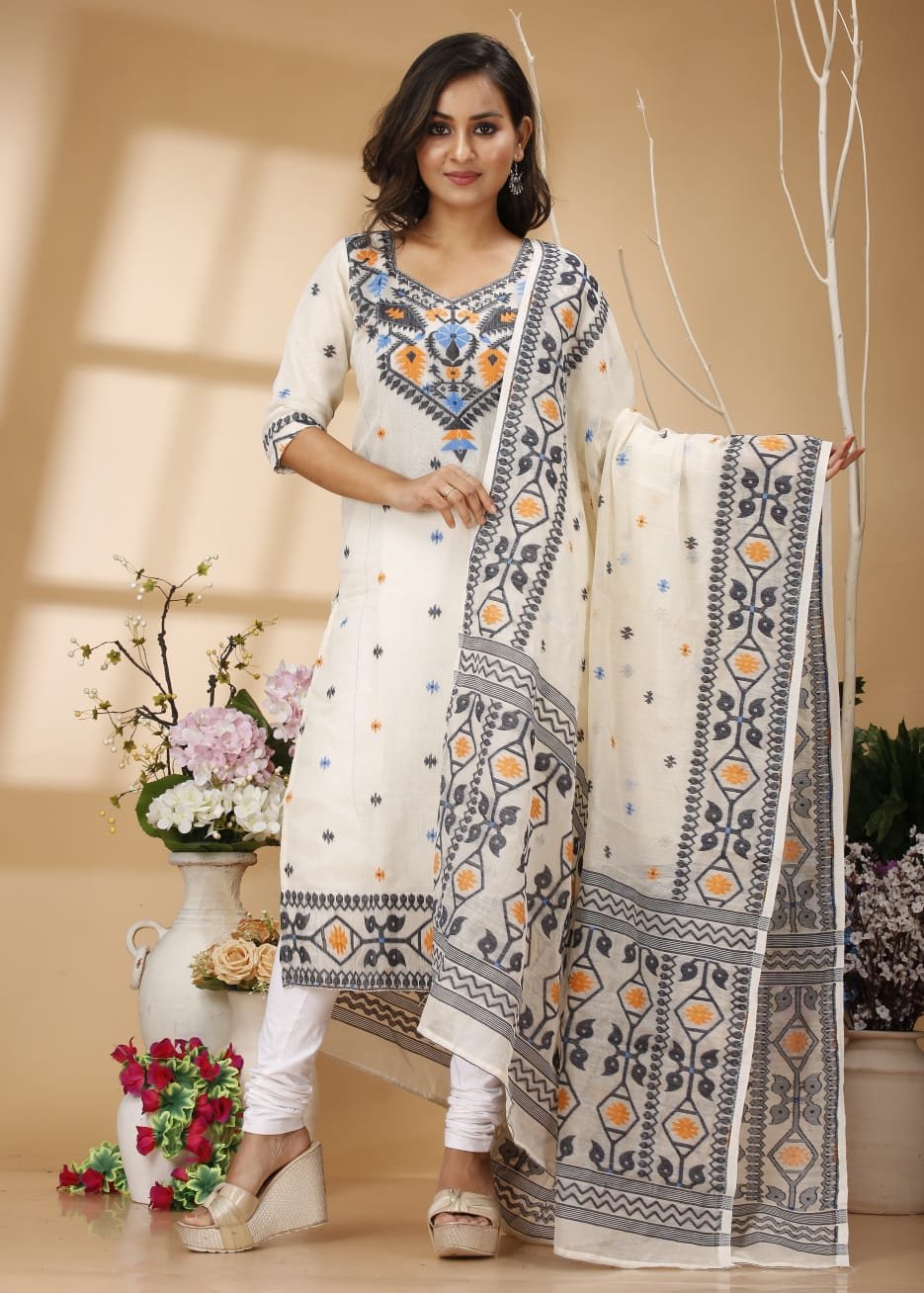 Four Leaf Crem Black Unstitched Jamdani Kurti Set