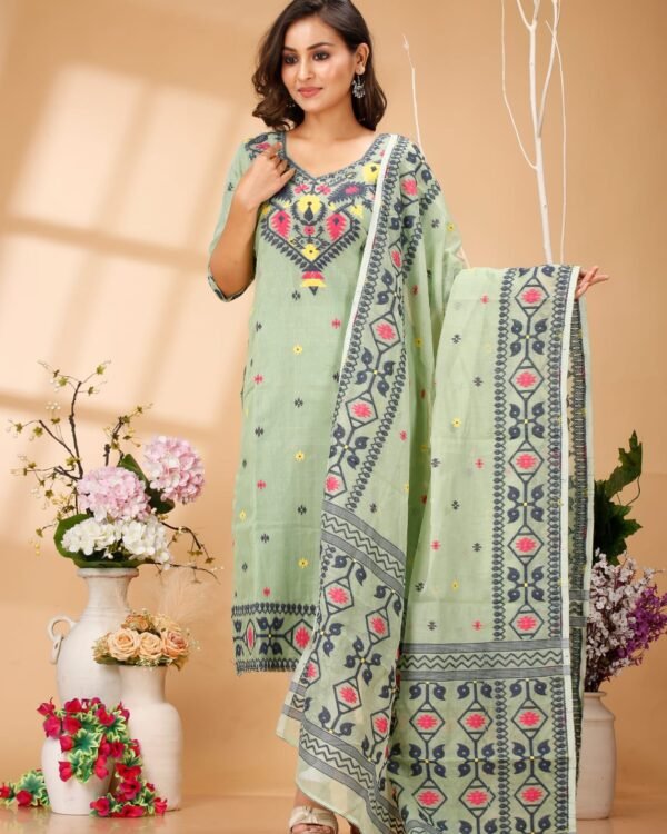 Four Leaf Olive Unstitched Jamdani Kurti Set