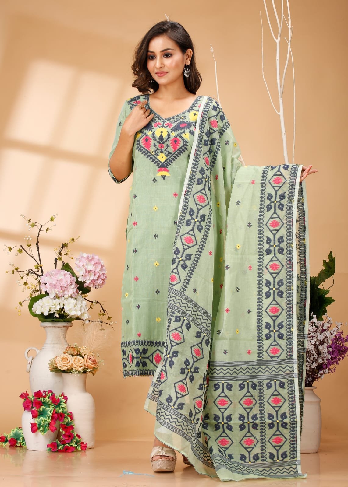 Four Leaf Olive Unstitched Jamdani Kurti Set