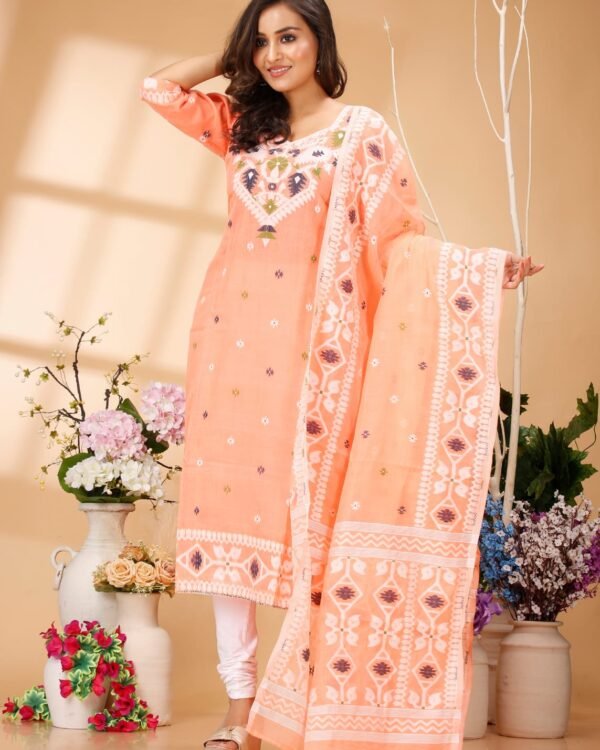 Four Leaf Peach Unstitched Jamdani Kurti Set