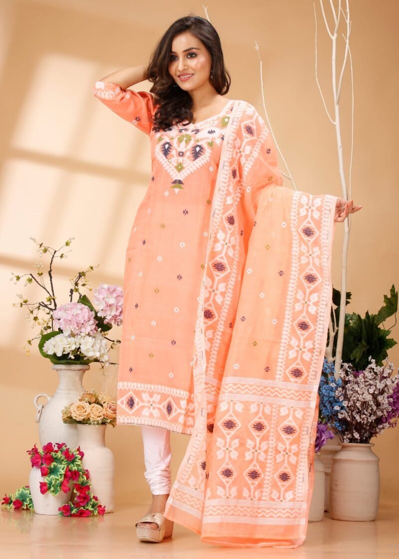 Four Leaf Peach Unstitched Jamdani Kurti Set