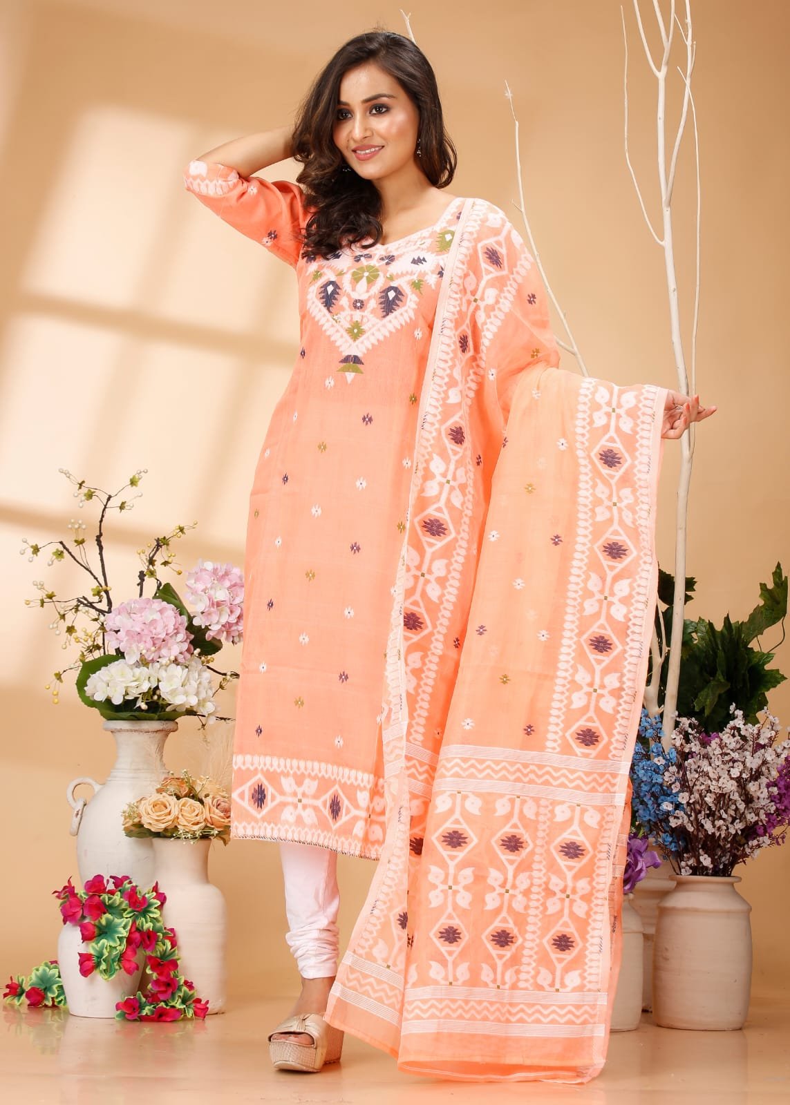 Four Leaf Peach Unstitched Jamdani Kurti Set