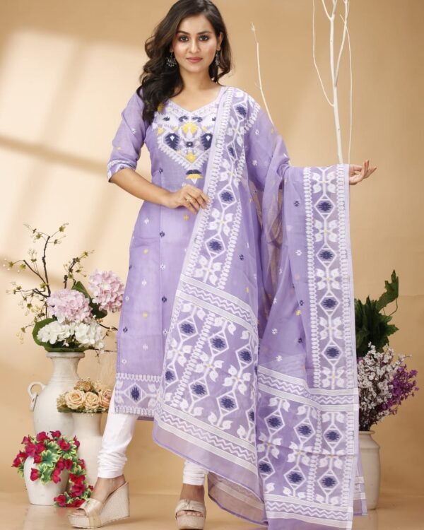 Four Leaf Purple Unstitched Jamdani Kurti Set