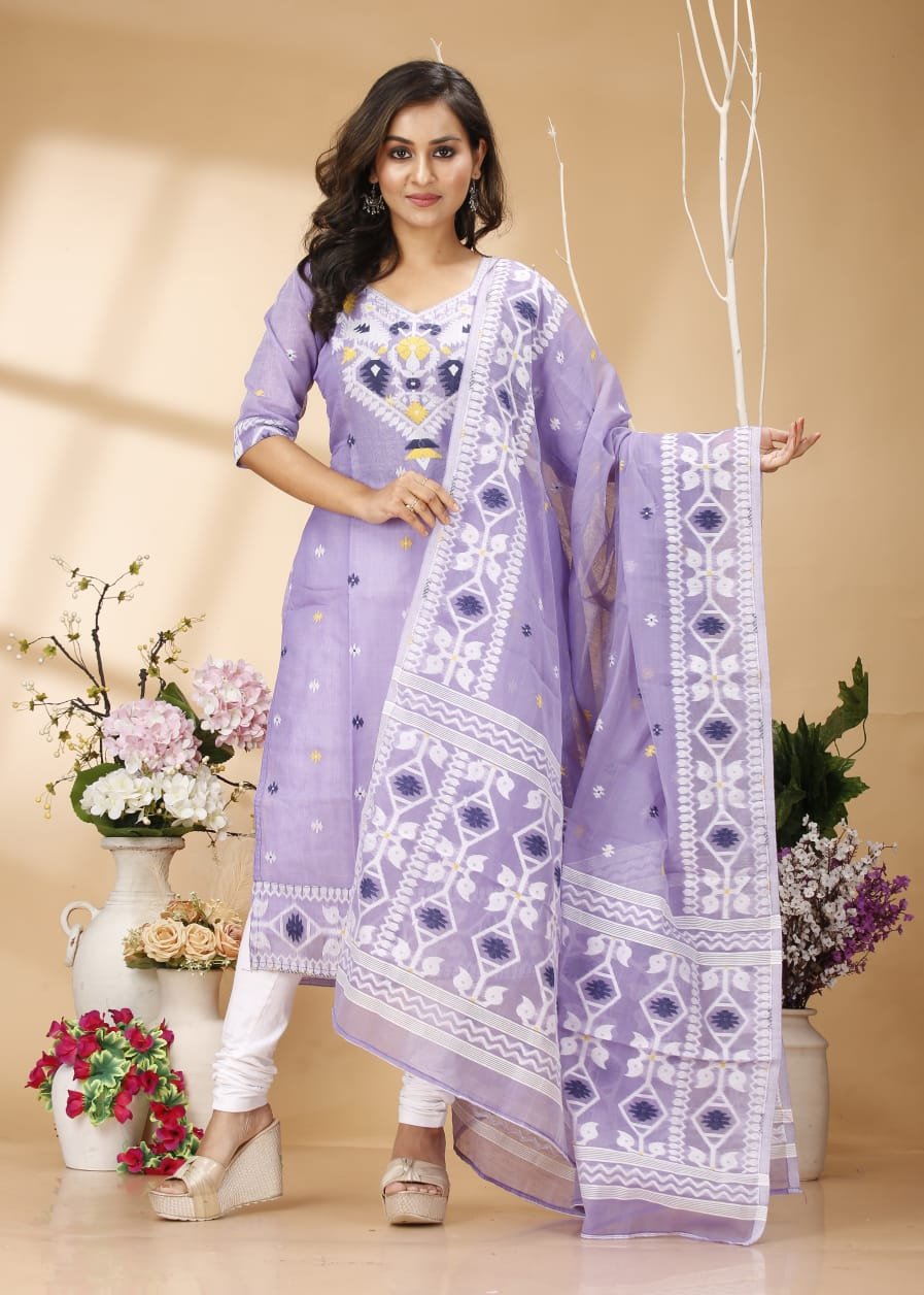 Four Leaf Purple Unstitched Jamdani Kurti Set