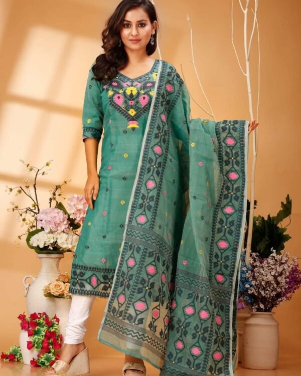 Four Leaf Bottol Green Unstitched Jamdani Kurti Set