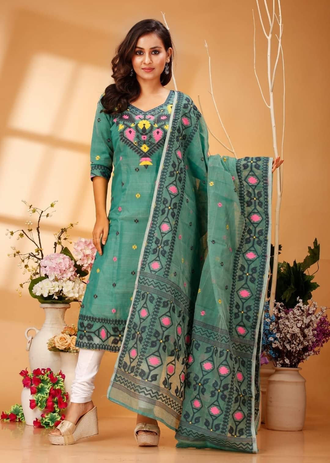 Four Leaf Bottol Green Unstitched Jamdani Kurti Set