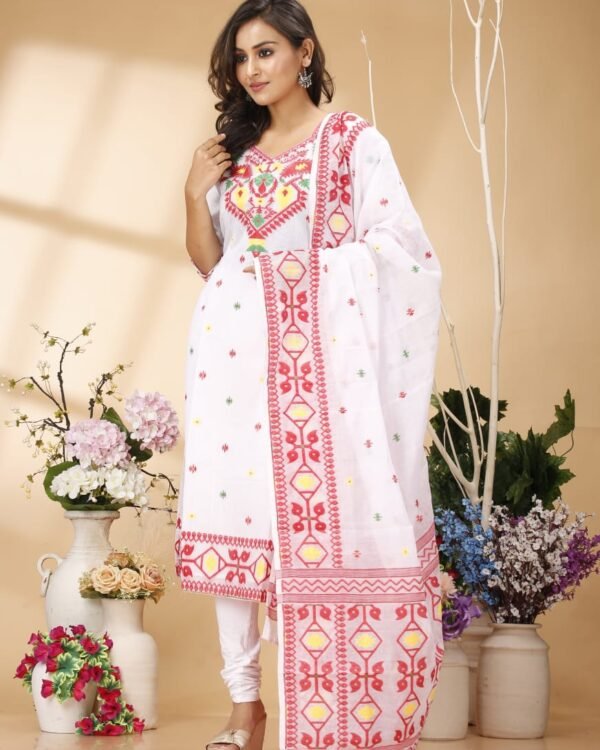 Four Leaf White Red Unstitched Jamdani Kurti Set