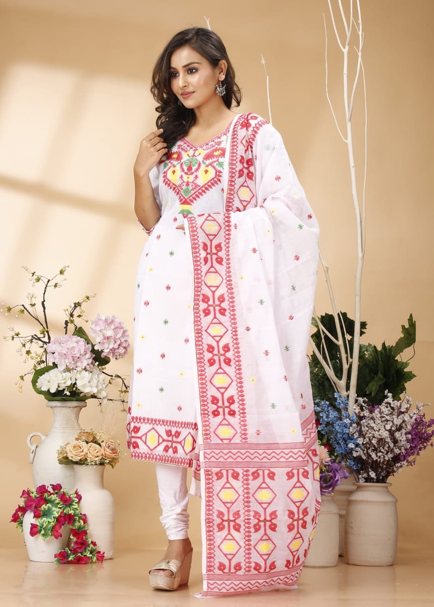 Four Leaf White Red Unstitched Jamdani Kurti Set