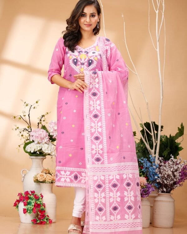 Four Leaf Pink Unstitched Jamdani Kurti Set