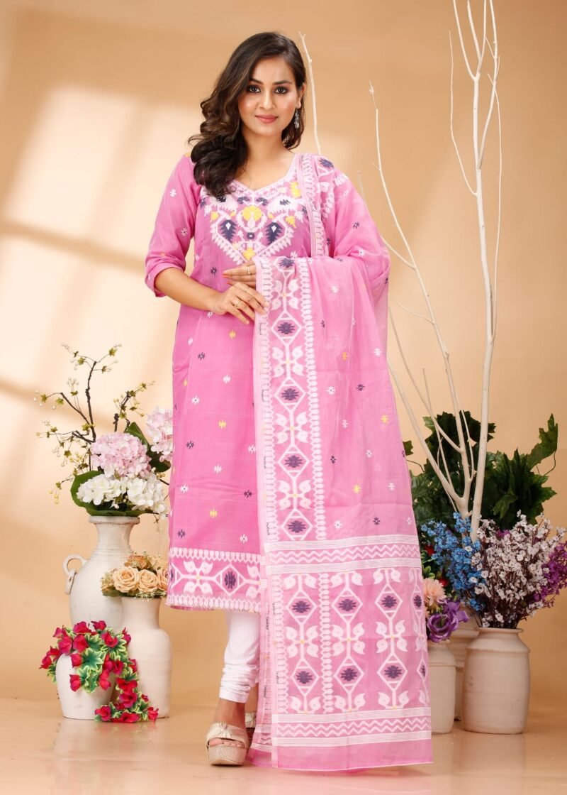 Four Leaf Pink Unstitched Jamdani Kurti Set