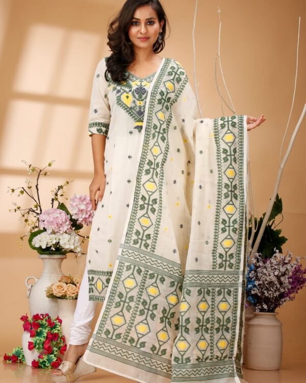 Four Leaf Cream Pasta Unstitched Jamdani Kurti Set