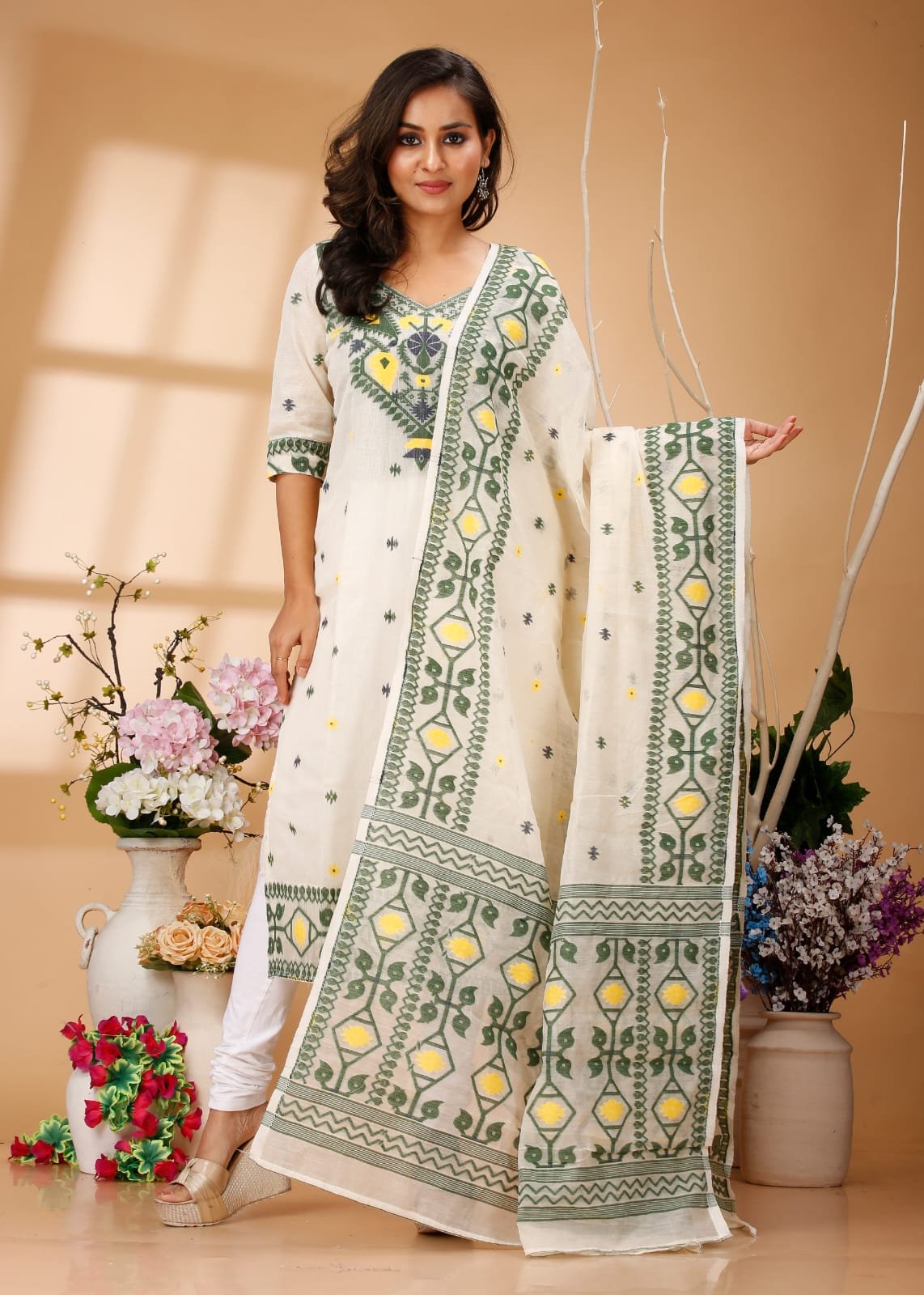 Four Leaf Cream Pasta Unstitched Jamdani Kurti Set