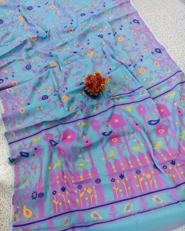 Ghar Pakhi Soft Sky Blue Jamdani Saree