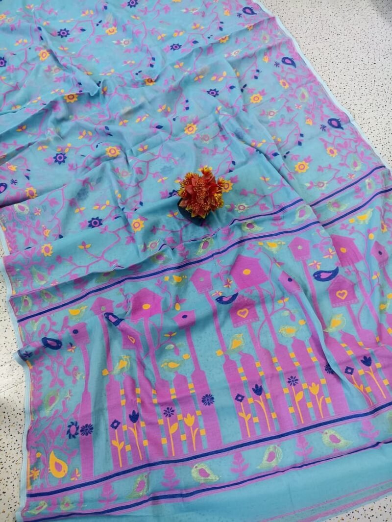 Ghar Pakhi Soft Sky Blue Jamdani Saree