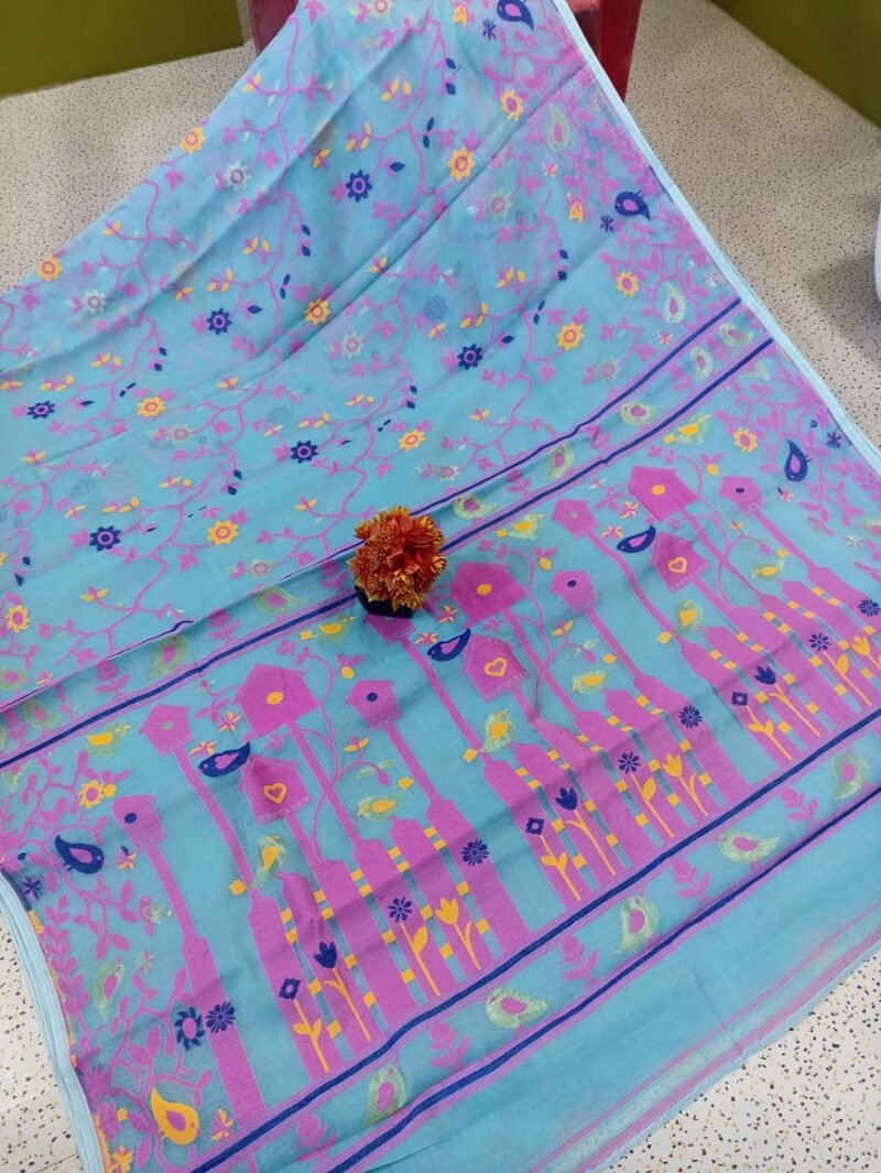 Ghar Pakhi Soft Sky Blue Jamdani Saree - Image 2