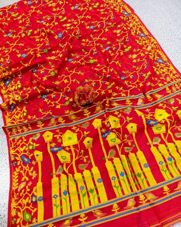 Ghar Pakhi Soft Red Jamdani Saree