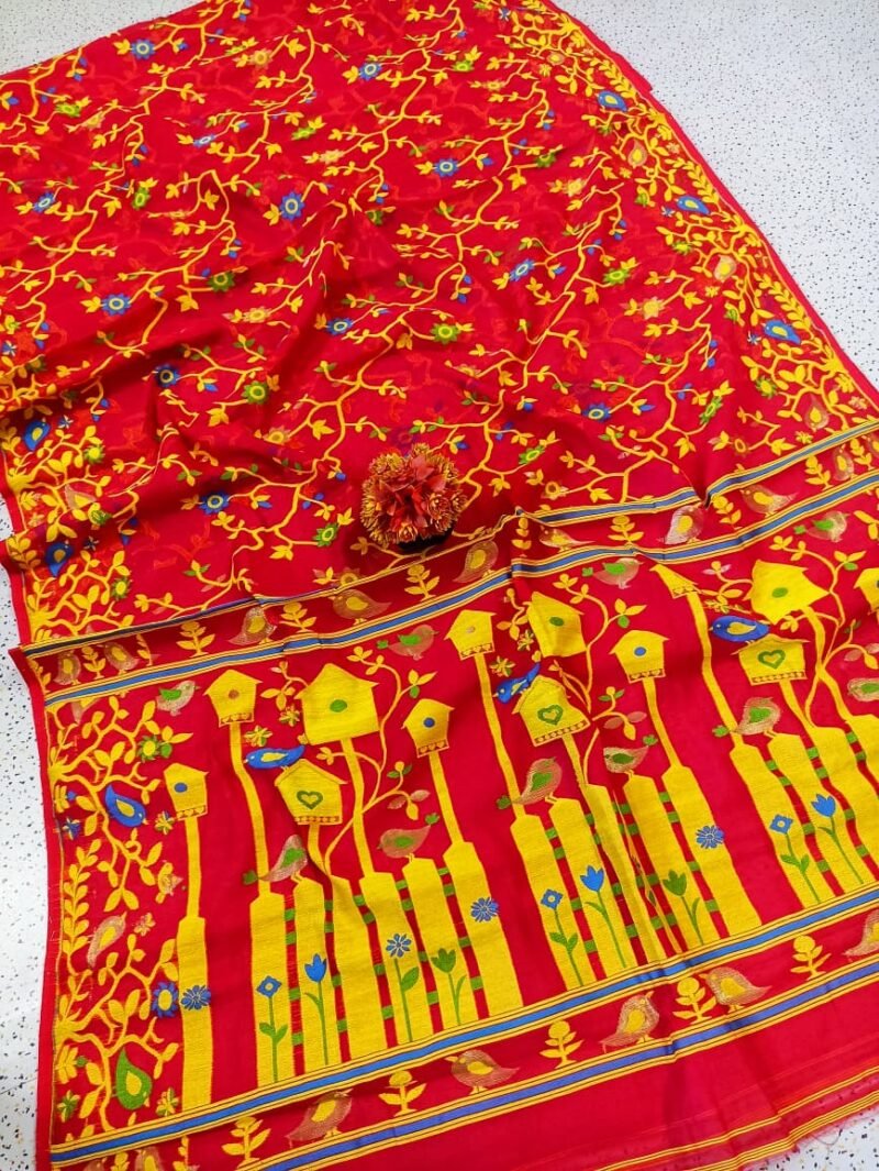 Ghar Pakhi Soft Red Jamdani Saree