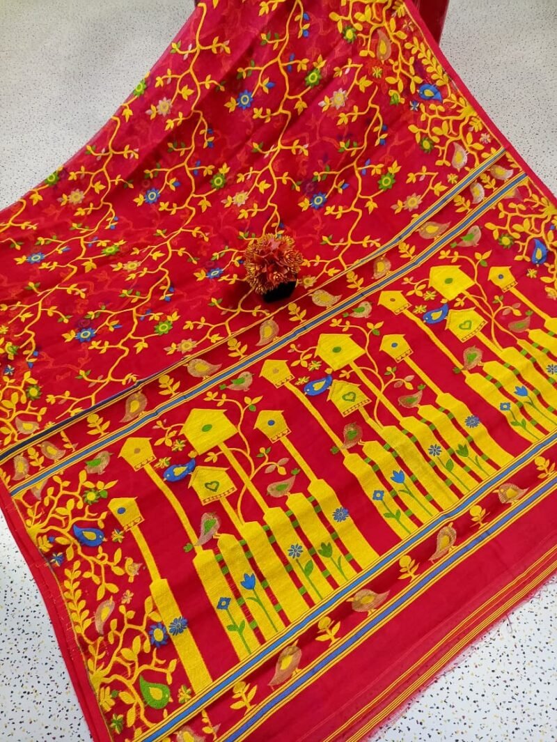 Ghar Pakhi Soft Red Jamdani Saree - Image 2