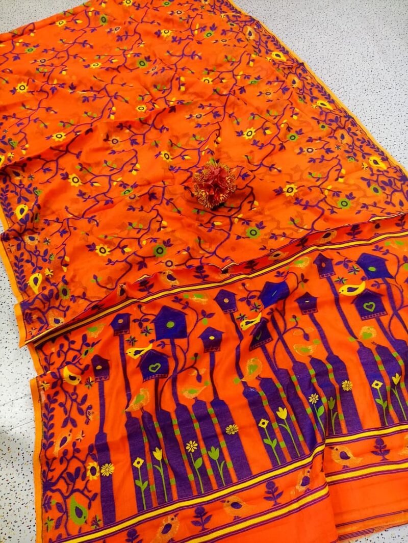 Ghar Pakhi Soft Orange Jamdani Saree