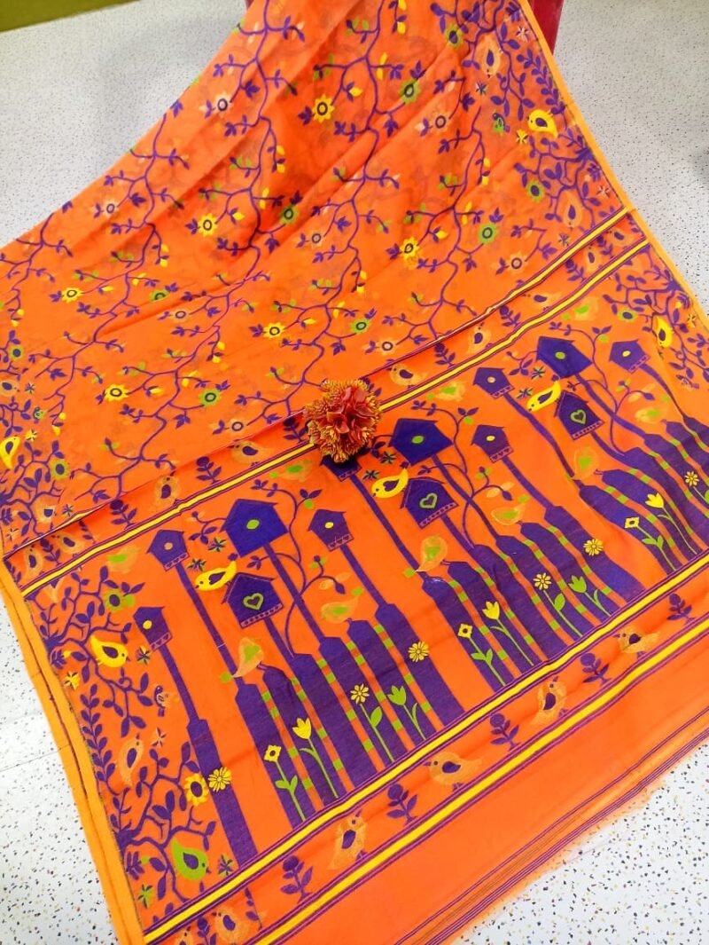 Ghar Pakhi Soft Orange Jamdani Saree - Image 2