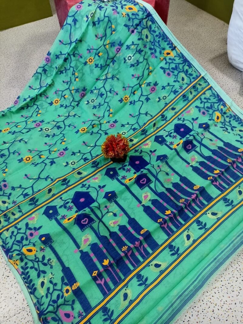 Ghar Pakhi Soft Firoja Jamdani Saree - Image 2