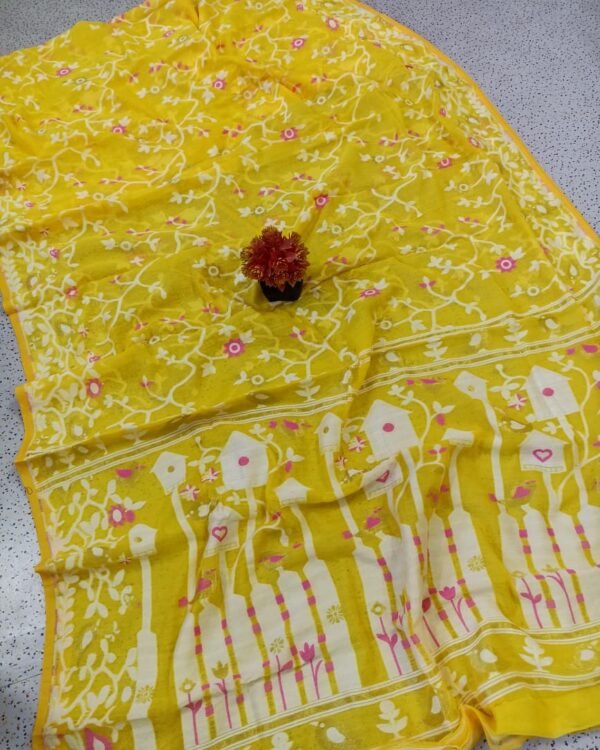 Ghar Pakhi Soft Yellow Jamdani Saree