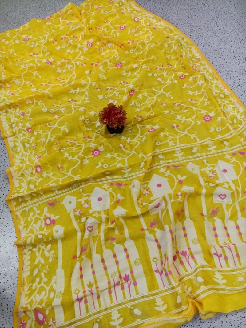 Ghar Pakhi Soft Yellow Jamdani Saree