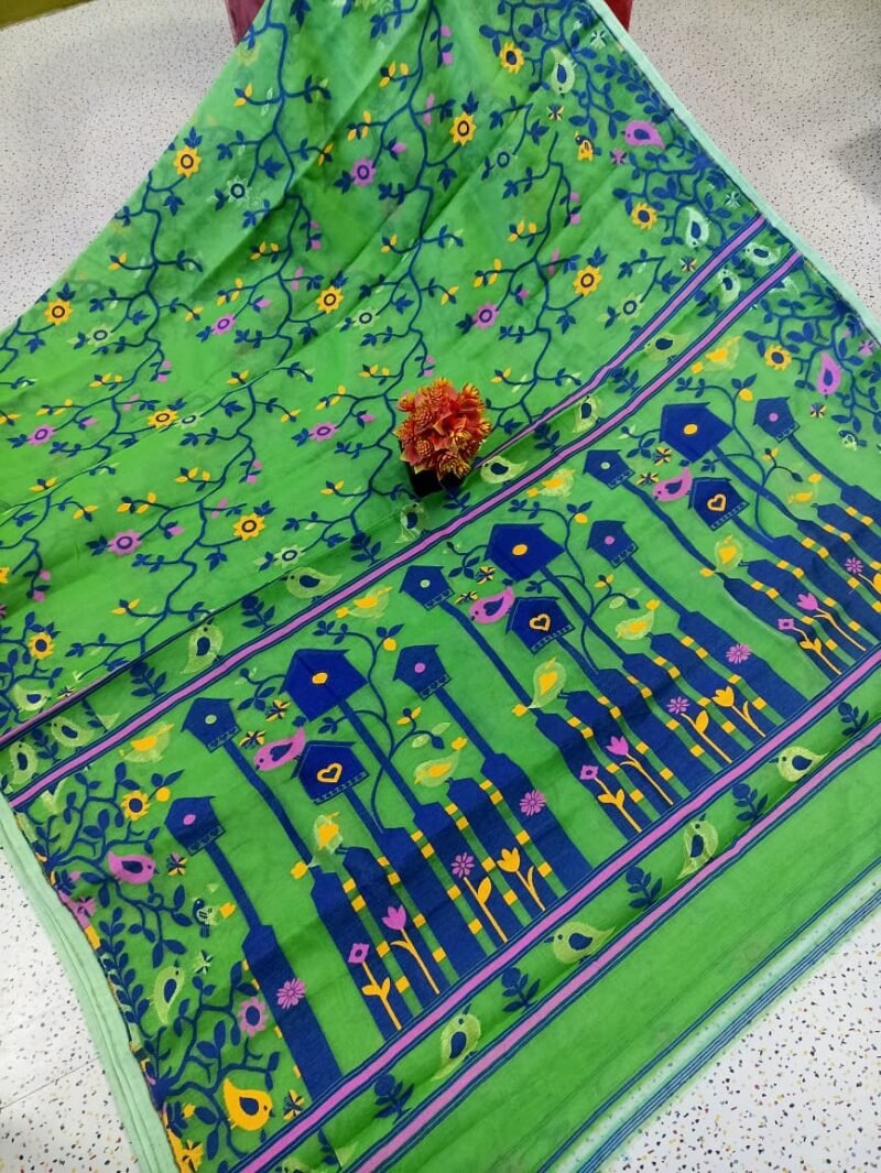 Ghar Pakhi Soft Green Jamdani Saree - Image 2