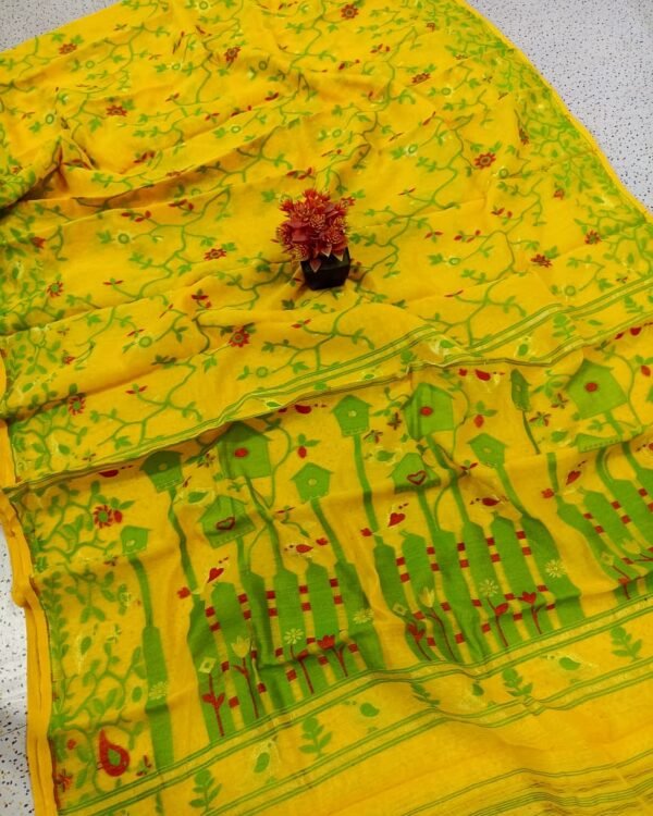 Ghar Pakhi Soft Yellow Green Jamdani Saree