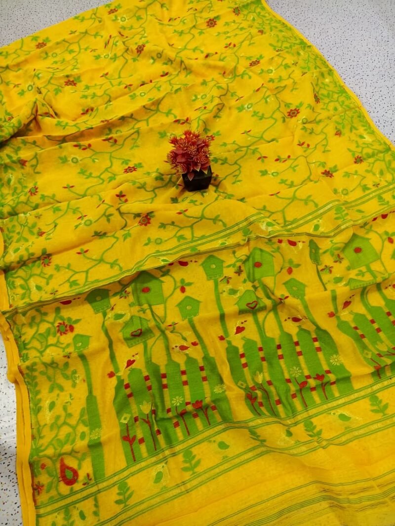 Ghar Pakhi Soft Yellow Green Jamdani Saree