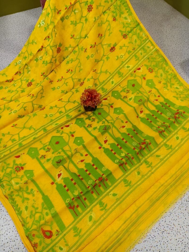 Ghar Pakhi Soft Yellow Green Jamdani Saree - Image 2