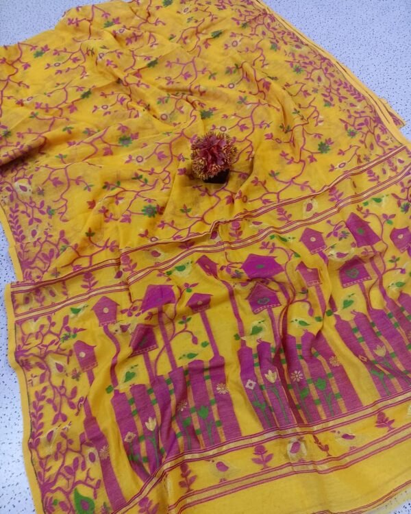Ghar Pakhi Soft Yellow Pink Jamdani Saree