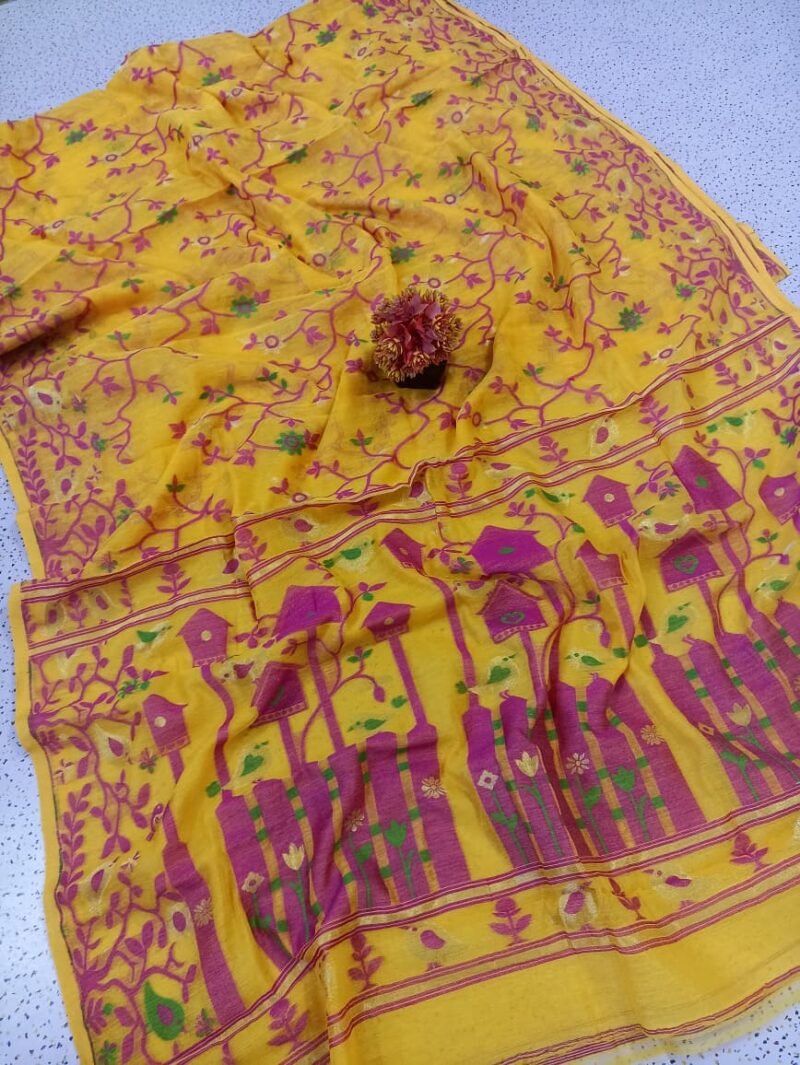 Ghar Pakhi Soft Yellow Pink Jamdani Saree