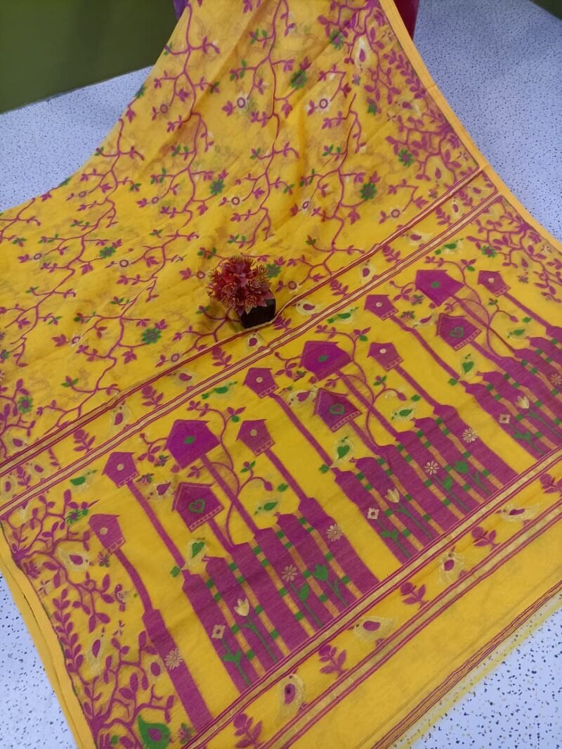 Ghar Pakhi Soft Yellow Pink Jamdani Saree - Image 2