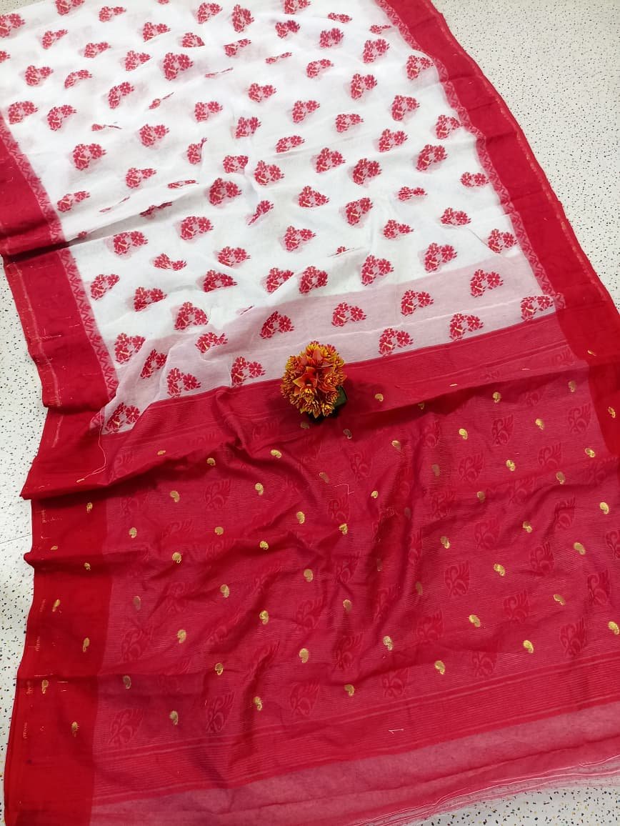 Shiuli Soft White Red Jamdani Saree