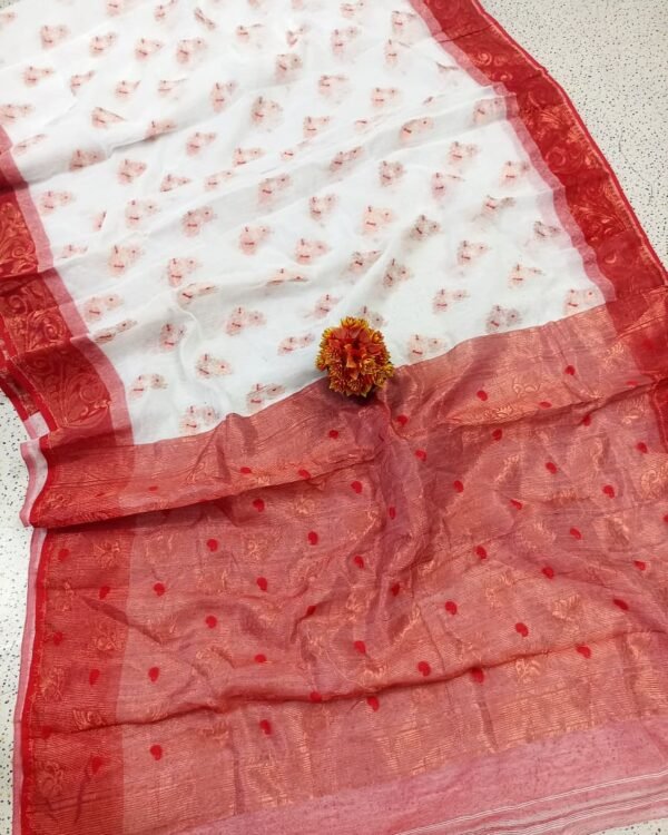 Shiuli Soft White Red Jori Jamdani Saree