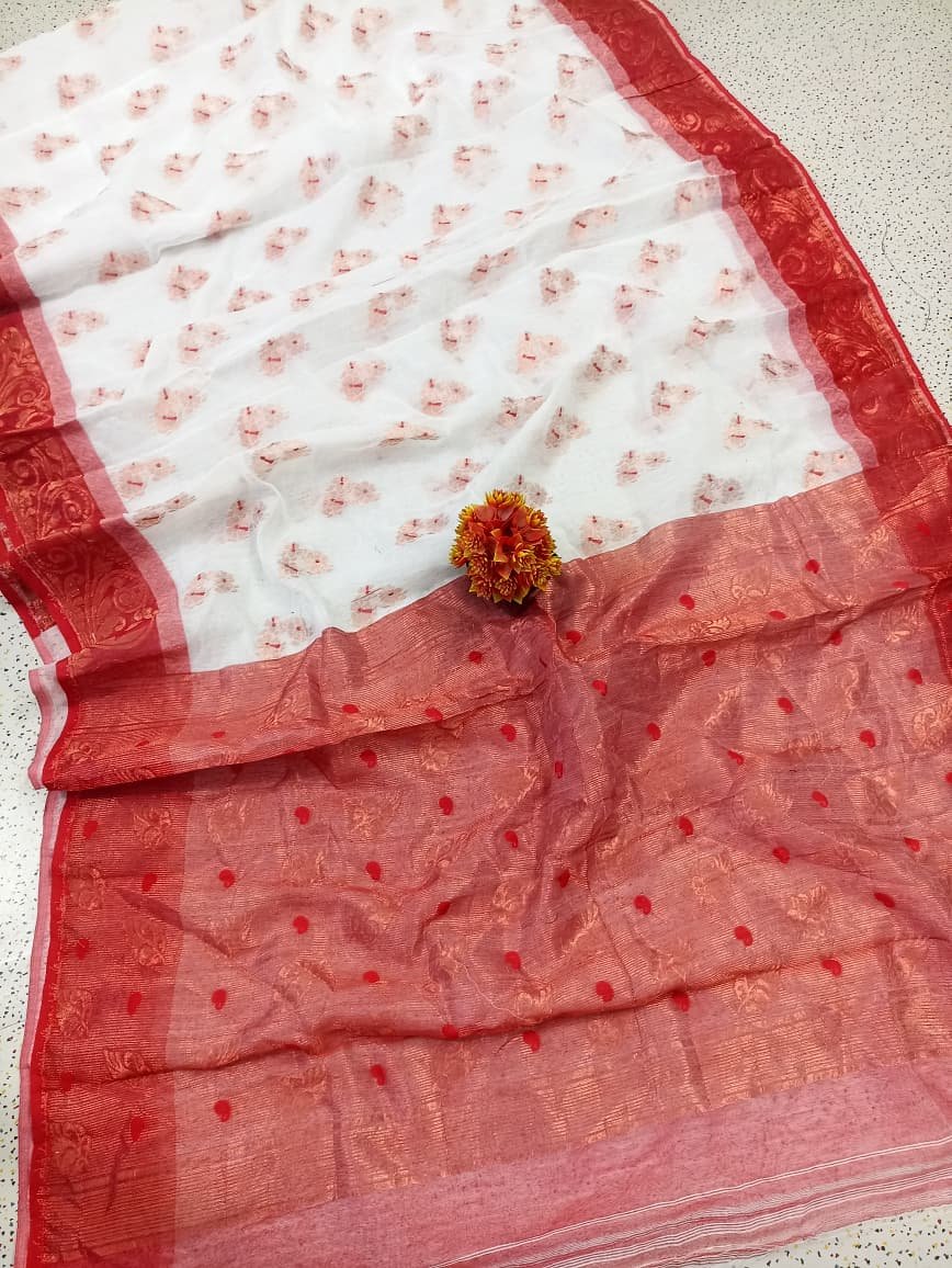 Shiuli Soft White Red Jori Jamdani Saree