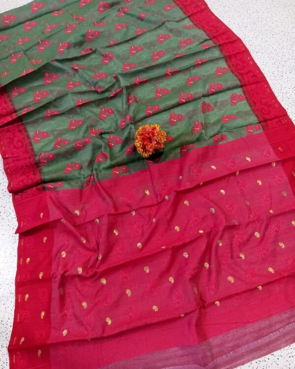 Shiuli Soft Bottol Green Red Jamdani Saree