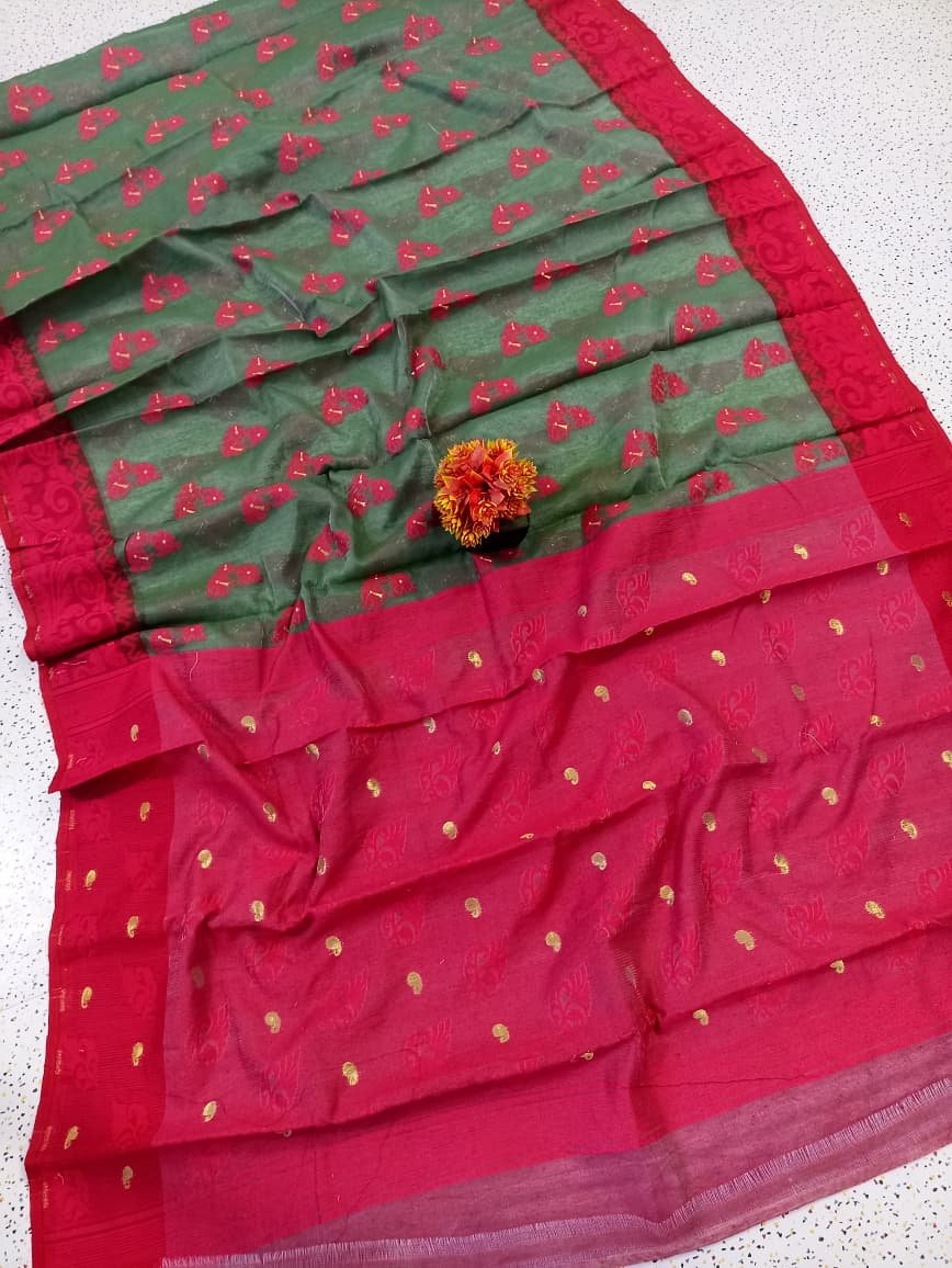 Shiuli Soft Bottol Green Red Jamdani Saree