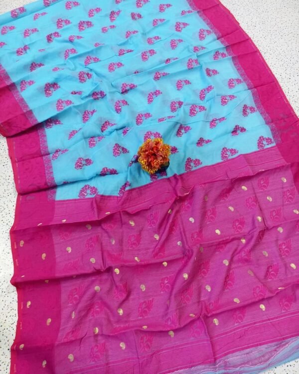 Shiuli Soft Sky Blue Pink Jamdani Saree