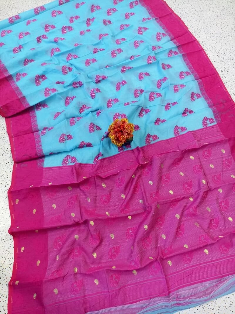 Shiuli Soft Sky Blue Pink Jamdani Saree