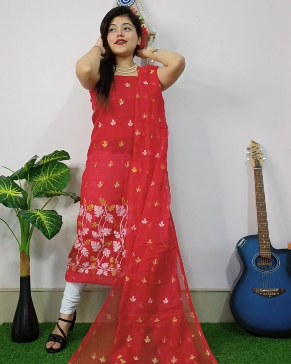 Money Planet Red Cotton Unstitched Jamdani Suit Set