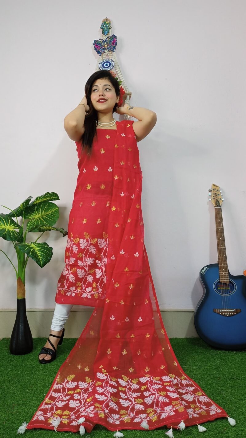 Money Planet Red Cotton Unstitched Jamdani Suit Set
