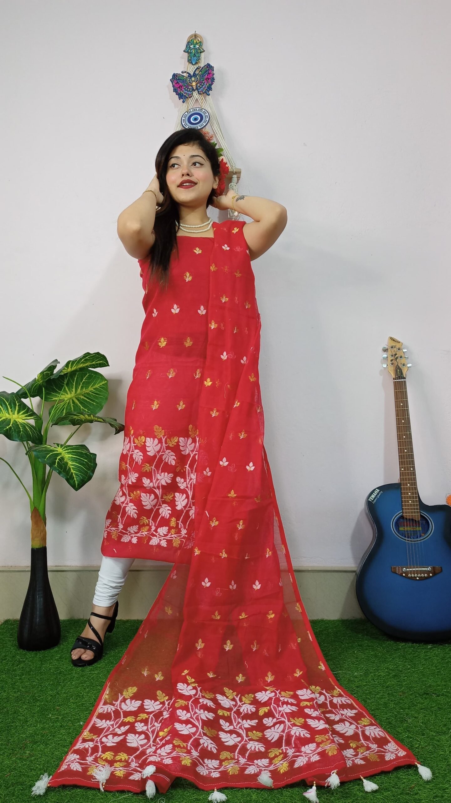 Money Planet Red Cotton Unstitched Jamdani Suit Set