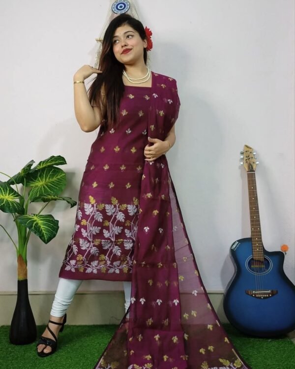 Money Planet Wine Cotton Unstitched Jamdani Suit Set