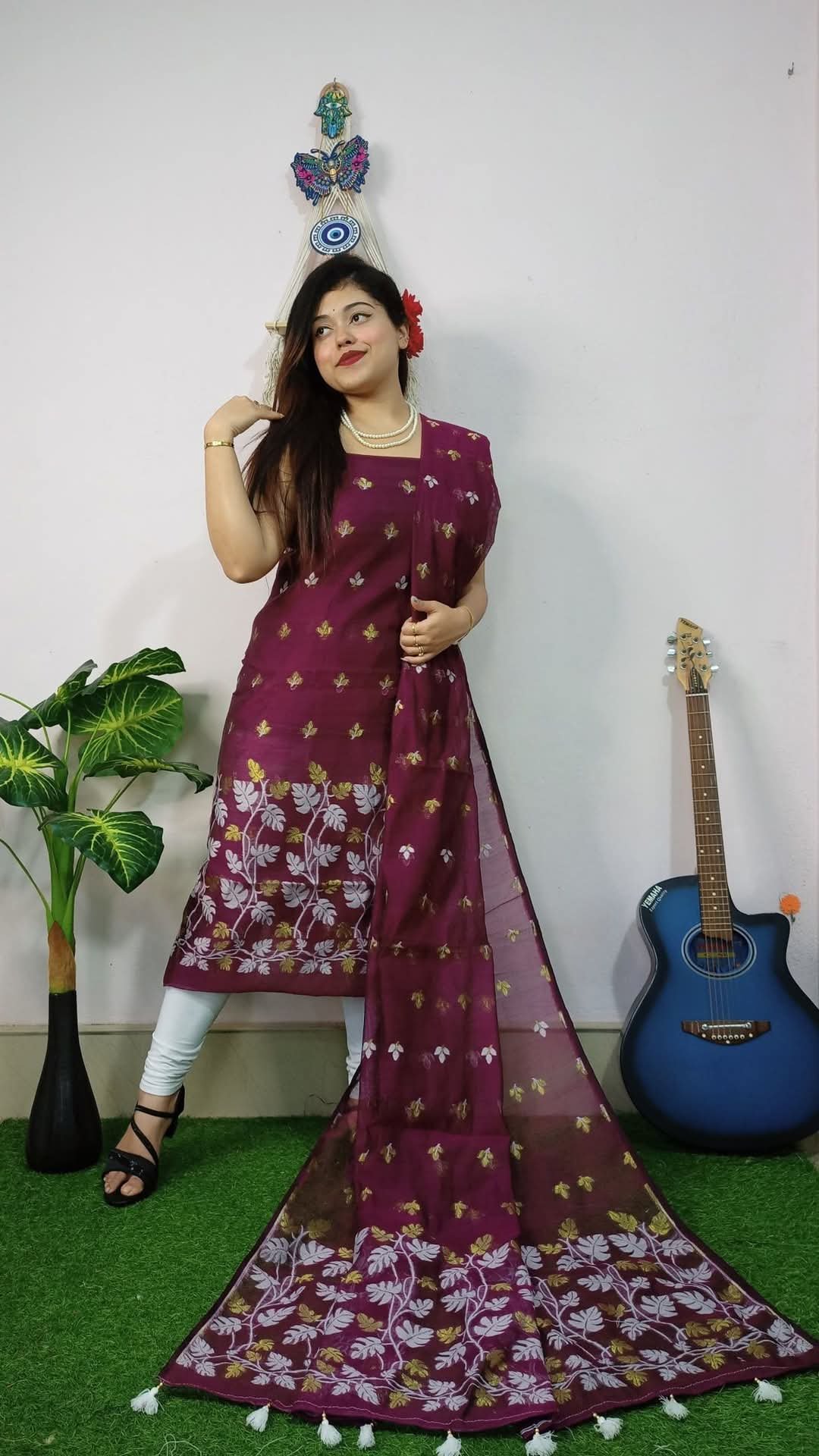 Money Planet Wine Cotton Unstitched Jamdani Suit Set