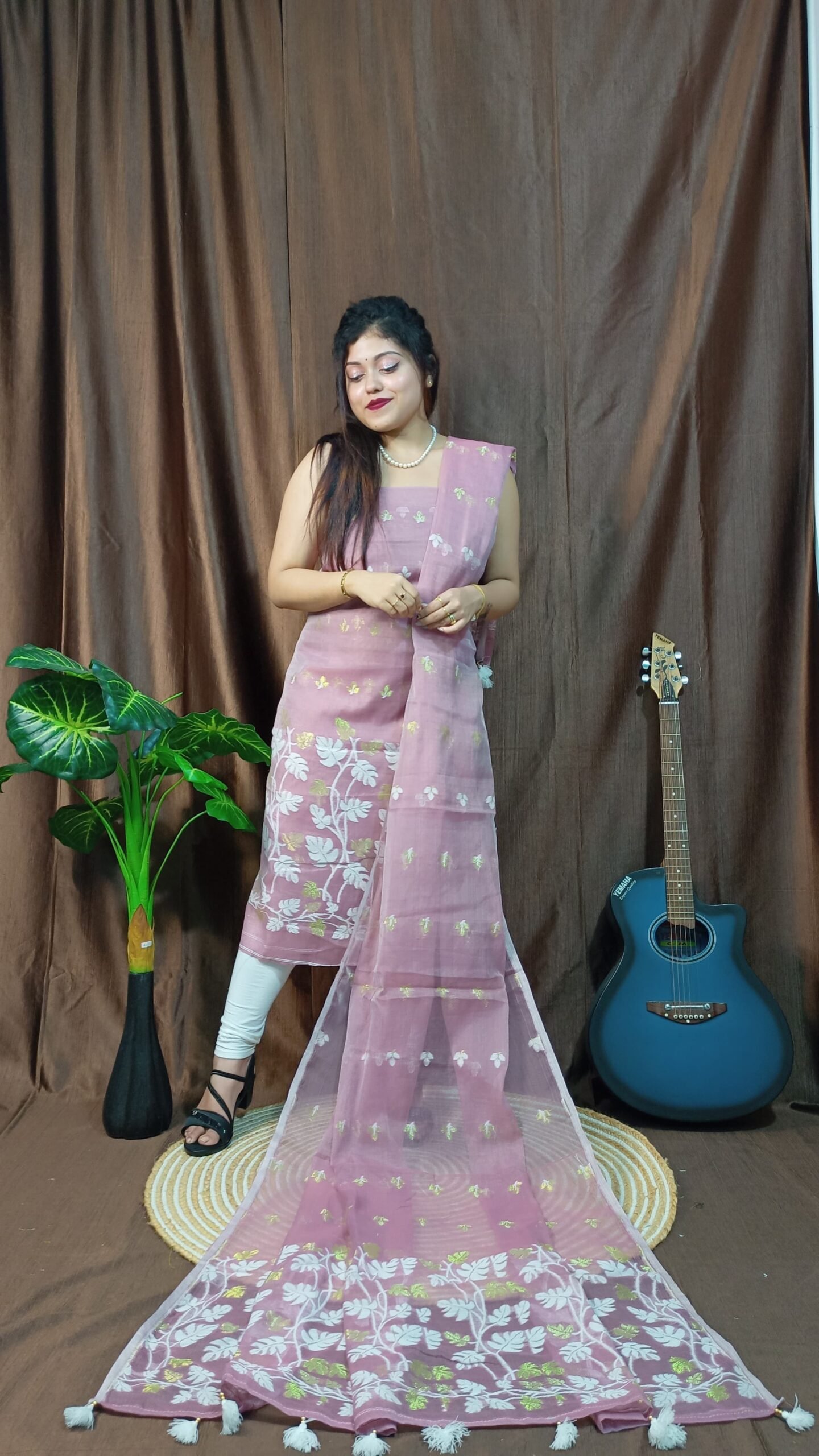 Money Planet Light Brown Cotton Unstitched Jamdani Suit Set