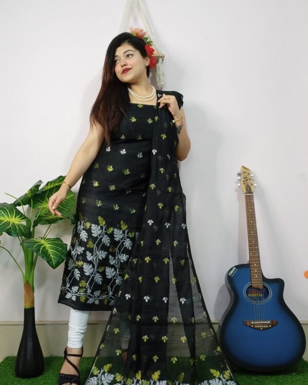 Money Planet Black Cotton Unstitched Jamdani Suit Set