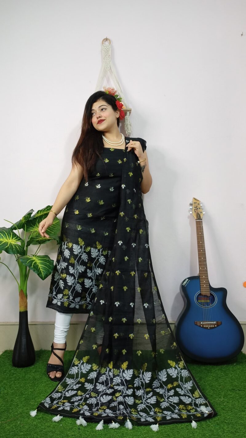 Money Planet Black Cotton Unstitched Jamdani Suit Set